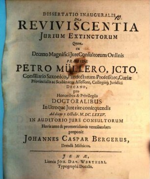 Dissertatio Inauguralis De Reviviscentia Jurium Extinctorum
