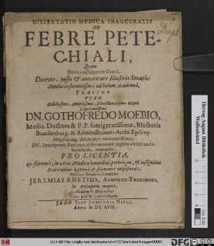 Dissertatio Medica Inauguralis De Febre Petechiali