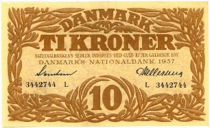 Geldschein, 10 Kroner, 1937