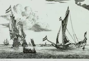 Mehrere Segelschiffe und ein dicht besetztes Ruderboot : Nooms, R.: Segelschiffe, Radierung