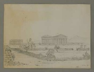 Paestum, Tempel des Poseidon (vorn) und der Hera (genannt La Basilica)