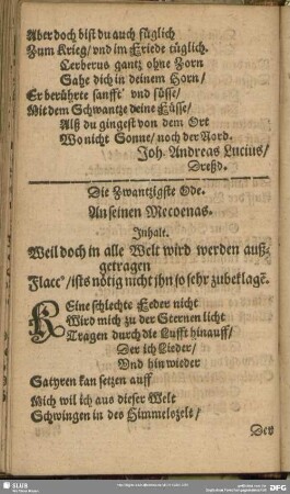 Die Zwantzigste Ode. An seinen Mecoenas
