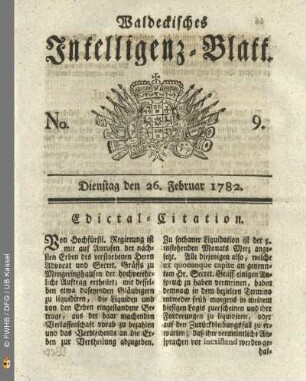 No. 9, Dienstag deb 26. Februar 1782