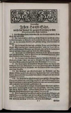Vorläuffige Zehen Haupt-Sätze, welche den Innhalt der ganzen Einleitung in einer demonstrativischen Kette vorstellen.