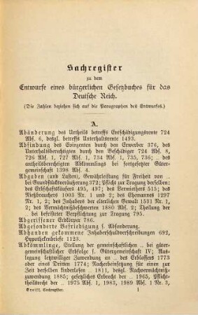 Sachregister zu dem Entwurfe eines bürgerlichen Gesetzbuches für das Deutsche Reich