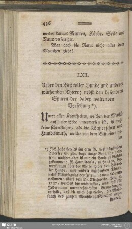 LXII. Über den Biß toller Hunde und anderer wüthenden Thiere; nebst den besondern Spuren der dabey waltenden Vorsehung