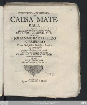 Disputatio Metaphysica De Causa Materiali