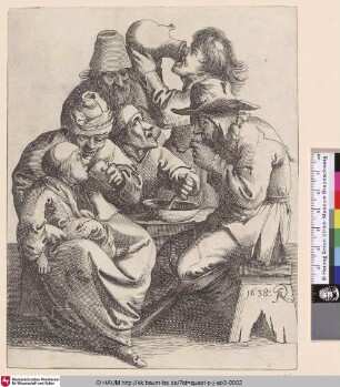 [Fünf Bettler und ein Kind an einem Tisch trinkend und essend; Five peasants around a table, one of them drinking from a jug, another smoking a pipe, another eating from a bowl on the table, and a fourth one giving a child to drink]