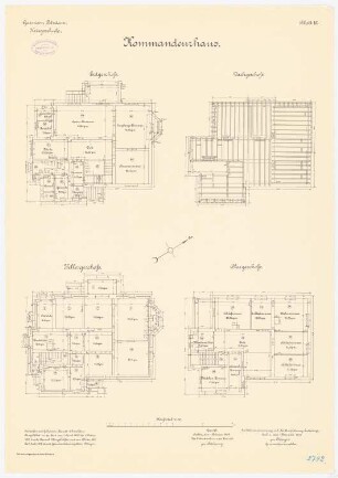 Kriegsschule der Garnison Potsdam: Kommandeurshaus: Grundriss Keller, Erdgeschoss, Obergeschoss, Dachgeschoss 1:100