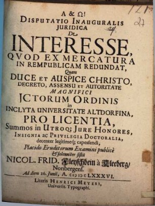 Disputatio inauguralis juridica de interesse, qvod ex mercatura in rempublicam redundat