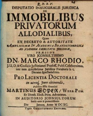 Disp. inaug. ... de immobilibus privatorum allodialibus