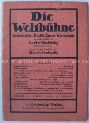 Erste Nachkriegsausgabe der Halbmonatsschrift für Politik, Kunst, Wirtschaft "Die Weltbühne"