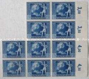 Fragment eines Bogens mit 10 Briefmarken zu 3 (+5) Pfennig zum 11. Europäischen Postkongress in Wien 1942