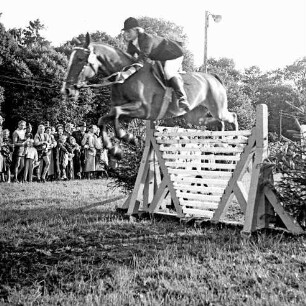 Kreispferdesportverband Stormarn e.V.: Exer: 9. Kreispferdeleistungsschau: Teilnehmer beim Springreiten, dahinter Zuschauer