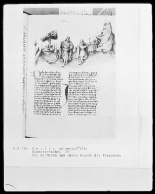 Historienbibel des Alten Testaments — Moses und Aaron blasen die Trompeten, Folio 69recto