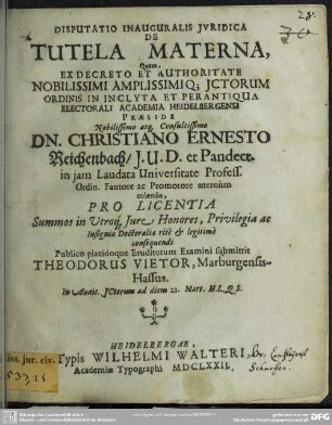 Disputatio inauguralis iuridica de tutela materna
