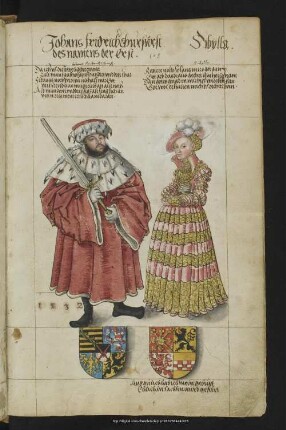 Bl. 108r: Johans Fridrich Churfürst des namens der erst, Sibylla : Johann Friedrich der Großmütige (1503-1554) KF (S. d. Johann des Beständigen), oo Sibylla v. Jülich-Cleve-Berg, T. d. Johann III.