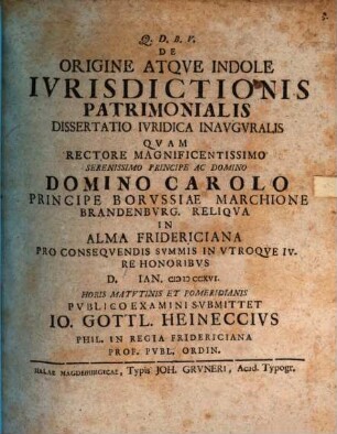 De Origine Atque Indole Iurisdictionis Patrimonialis : Dissertatio Iuridica Inauguralis