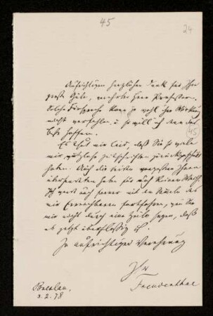 Nr. 24: Brief von Jakob Freudenthal an Paul de Lagarde, Breslau, 3.2.1878