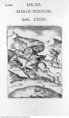 Achillis Bocchii Bonon. symbolicarum quaestionum, ... Libri quinque., 3. Buch, Seite CLXXII, Symbol LXXXI: Mario Nizolio: Minerva auf dem Hirsch.