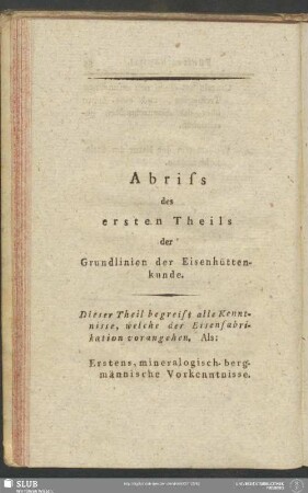Abriss des ersten Theils der Grundlinien der Eisenhüttenkunde