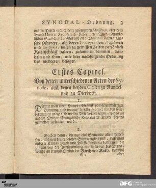 Erstes Capitel. Von denen unterschiedenen Arten der Synode, auch denen beyden Classen zu Runckel und zu Dierdorff.