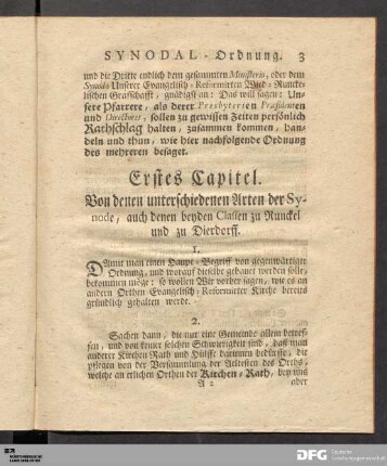 Erstes Capitel. Von denen unterschiedenen Arten der Synode, auch denen beyden Classen zu Runckel und zu Dierdorff.