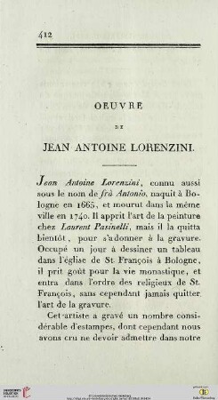 Oeuvre de Jean Antoine Lorenzini