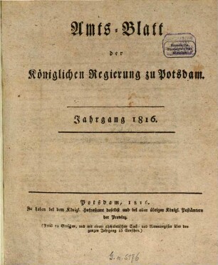 Amtsblatt der Königlichen Churmärkischen Regierung zu Potsdam. 1816, 27/53