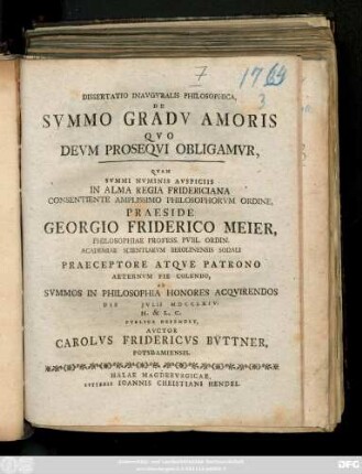 Dissertatio Inavgvralis Philosophica, De Svmmo Gradv Amoris Qvo Devm Proseqvi Obligamvr
