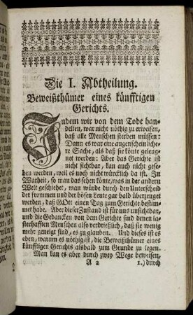 Die I. Abtheilung. Beweißthümer eines künfftigen Gerichts.