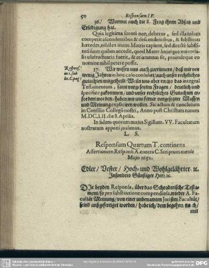 Responsum Quartum T. continens Assertationem Responsi A. contra C. Scriütum mense Maio 1652