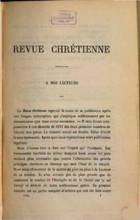 Revue chrétienne. 18. 1871
