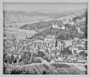 Blick aus Richtung Wartberg auf Altstadt, Burg, Eisenbahnbrücke, Baumschule Scheurich und unbebauten Grundstücken