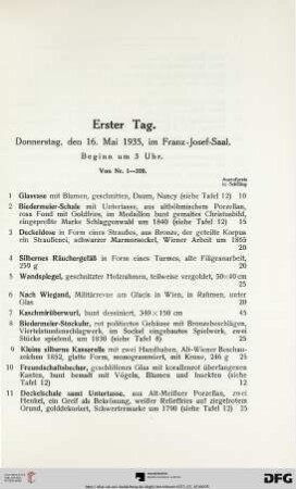 Erster Tag: Donnerstag, den 16. Mai 1935, im Franz-Josef-Saal, Beginn um 3 Uhr (Nr. 1-320)