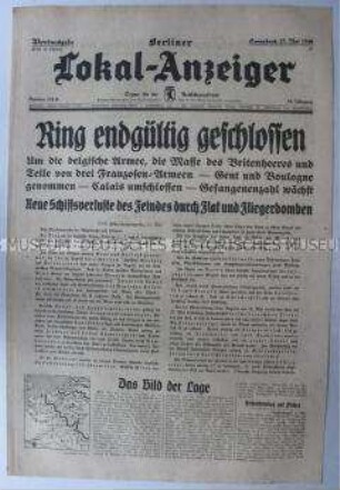 Tageszeitung "Berliner Lokal-Anzeiger" u.a. über die Einkreisung belgischer, britischer und französischer Truppen an der Westfront