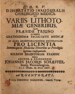 Diss. inaug. chir. med. de variis lithotomiae generibus