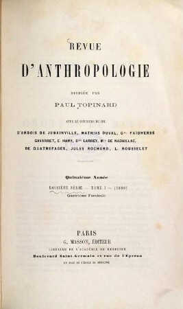Revue d'anthropologie. 15. 1886, T. 1 = Fasc. 4
