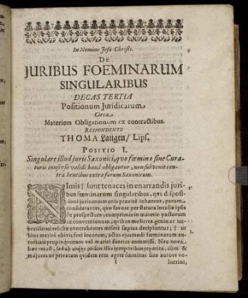 Decas Tertia Positionum Juridicarum Circa Materiem Obligationum ex contractibus.