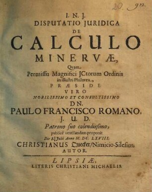 Disputatio Iuridica De Calculo Minervae