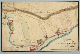 Stadtplan des heutigen Dresden-Löbtau, damals vor dem Falkenschlag mit der Weißeritz, den Mühlen am Weißeritz-Mühlgraben, dem Hahnenberg und einem Maßstab in Ruthen