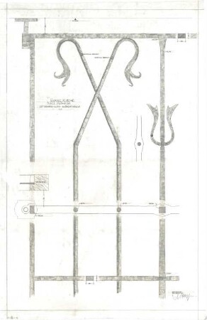 Gsaenger, Gustav; München - Obermenzing, Grünspechtstr. 13; Ev. Notkirche, Bethlehems Kirche, Pfarrhaus - Andachtsraum - Gitterabschluss (Teilansichten, Schnitt, Detail)