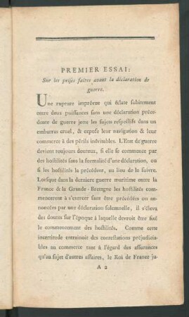 Premier Essai: Sur les prises faites avant la déclaration de guerre.