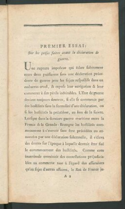 Premier Essai: Sur les prises faites avant la déclaration de guerre.