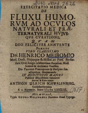 Exercitatio Medica De Fluxu Humorvm Ocvlos Natvrali Et Praeternatvrali Hvjvsqve Cvratione