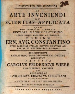 Disp. philos. de arte inveniendi ad scientias applicata
