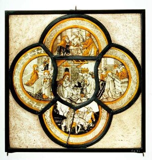 Kabinettscheibe im Vierpass mit Darstellungen aus dem Leben Christi und Mariä. Einzelszenen: Christi Geburt (Mitte), Mariae Tempelgang (links), Beschneidung Christi (oben), Darbringung im Tempel (rechts), Flucht nach Ägypten (links)