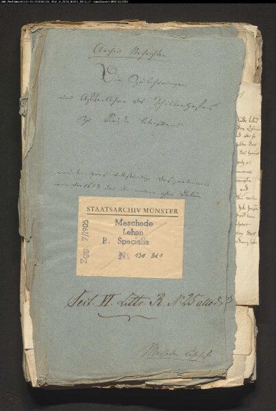 Reiste: Schultenhof und Unterhöfe: 1. Jurgen Schulten 1528; 2. Jurgen Schulte ./. Heyneman Kerll, Hoveling zu Wenholthausen; Urteil des Christoffer von Loen, Freigraf zu Arnsberg und Freivogt zu Meschede; Absetzung wegen Nichteinhaltung der Verpflichtung zur persönlichen Bebauung des wüsten Gutes und Errichtung eines Gebäudes 1536; 3. Lehnbrief für Jürgen Freboling namens seiner Kinder des + Jurgen Schulte 1541; 4. Volpert Schulten; 5. Volpert Schulten ./. seine Hovelinge zu Nieder-Reiste, Beisinghausen, Bremke und Frielinghausen wegen etlicher Haferpächte 1572; 9. Wilhelm Schulte zu R. ./. Kinder des Caspar Wendt zu Westenfeld: Veräußerung seines Unterhofes ohne sein Wissen und Nichtentrichtung der Pacht 1583-84; 12. Schweder Schulte ./. Tonis Reuper (Röper) zu Beisinghausen: Rückgängigmachung des Verkaufs des Gutes 1626; 24. desgl. ./. Joh. Dömmeken zu Bremke wegen Verpfändung einer Wiese 1627; 26. Ermahnung des Propstes zur besseren Aufsicht über die Afterlehen, insbesondere Wiederbesetzung der ledigen Güter Bottmars und Mollers 1649; 28. Aufforderung zur Entrichtung des Hergewedes 1659; 30. Propst ./. Wilhelm Schulten und Henrich Reuper zu Beisinghausen wegen Veräußerung des Unterhofes 1667; 31. Aussage über die Verpflichtungen des Tonis Hop zu R. 1669; 33. Aufforderung an die Subvasallen zur Designation (Hermann Jörgen zu Büemke - Jürgen Henrichs Huneken, Henrich zu Nieder-Reiste, Joh. Pletz zu Beisinghausen, Volpert Klöpper daselbst, Thonies Moller zu Bremke, Hans Becker zu Beisinghausen, Henrich Lohagen zu Büenfeld, Dirck Lutter zu Altenilpe, Joh. Bottmer zu Bremke, Paul Klauke zu Frielinghausen, Jost Dömmeke zu Bremke, Ebbert Veck zu Bremke und Rotger Wortmann zu Nieder-R.) und Empfang von Gewinnbriefen 1671-72; 39. Lehnbrief für Thönies Schulten 1700. 1724; 42. Joh. Schulten 1732. 1764; 45. Joh. Jost Schulten 1793; 47. Spezifikation der zum Schultenhof gehörenden Stücke und Lasten sowie die der Hovelinge 18. Jh.; 63. desgl. des Hinrich Roeper zu Beisinghausen 1653; 65. Verzeichnis der 19 Afterlehen 1672; 67. Spezifikation des Vents-Gutes zu Westenfeld 17. Jh.; 70. Spezifikation des Schultenhofes und der Hovelinge 1653