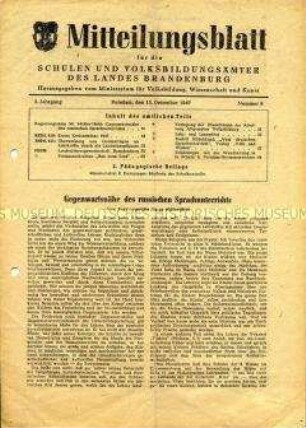 Mitteilungsblatt für die Schulen und Volksbildungsämter des Landes Brandenburg zum Russisch-Unterricht