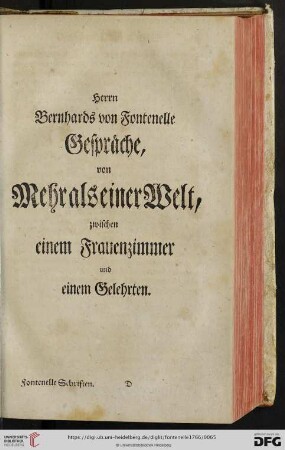 Herrn Bernhards von Fontenelle Gespraeche, von mehr als einer Welt, zwischen einem Frauenzimmer und einem Gelehrten